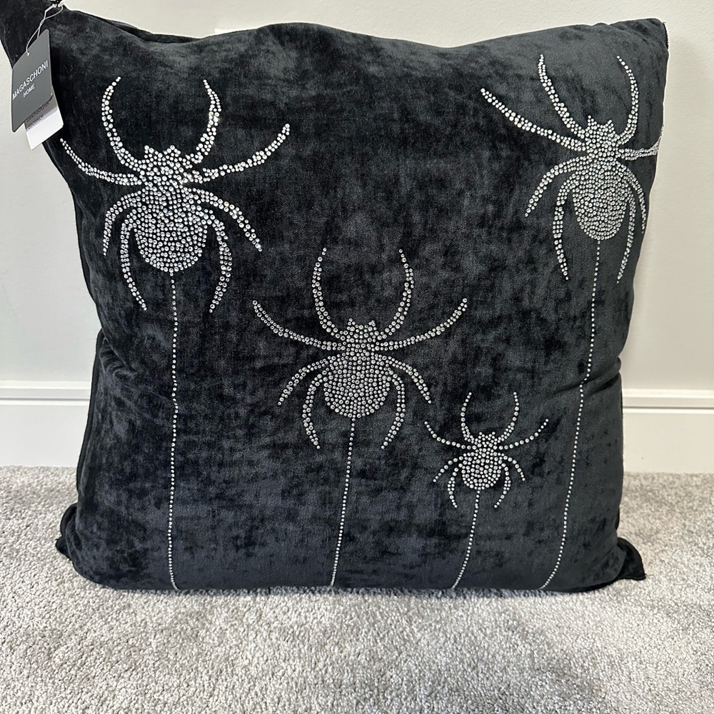 Magaschoni Halloween Black Velvet Silver Rhinestone Spiders Pillow